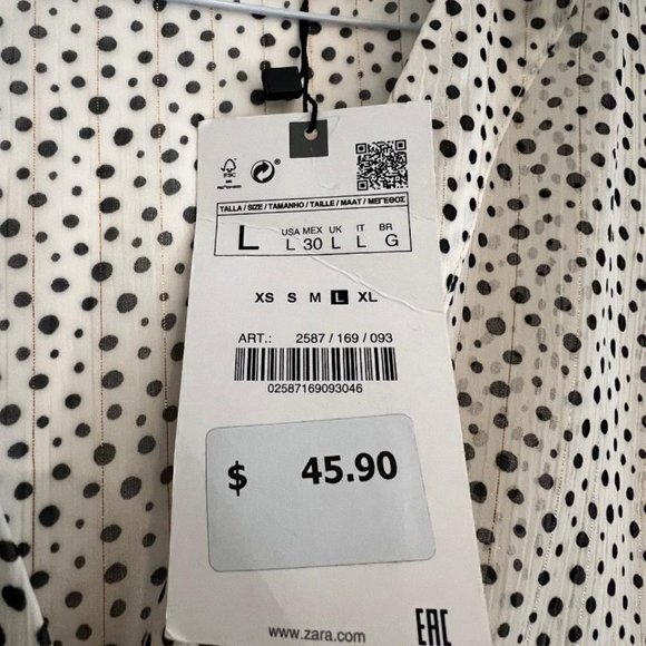 Zara, NWT,  Blouse, sheer with black dots and gold thread and buttons Cream - Picture 3 of 3